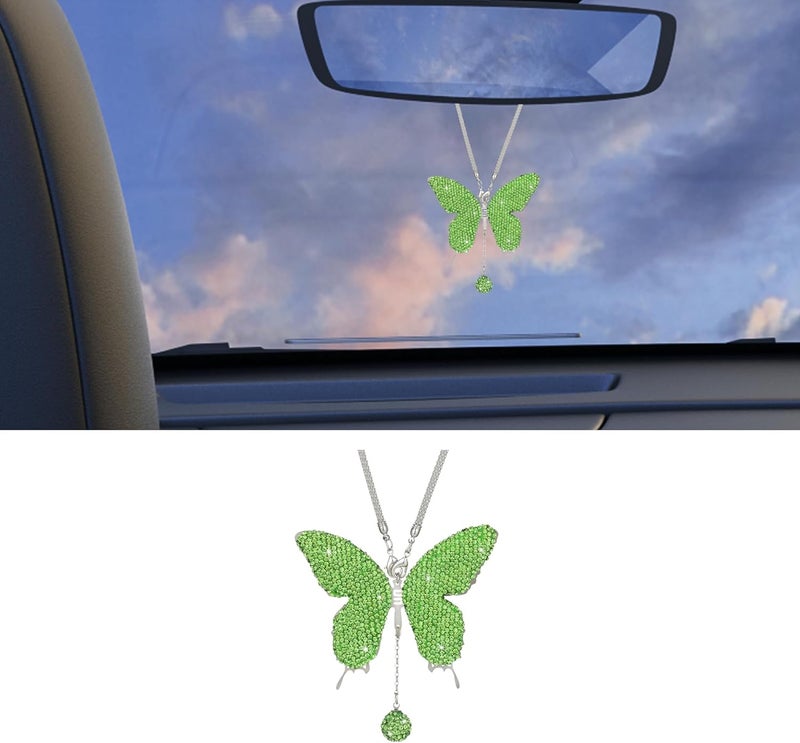 Couslcd Bling Butterfly Diamond Car Accessories, Crystal Car Rear View Mirror Charms for Women, Auto Decoration Lucky Hanging Interior Crystal Ornament Pendant Decor for All Cars (Light Green) - Image 1